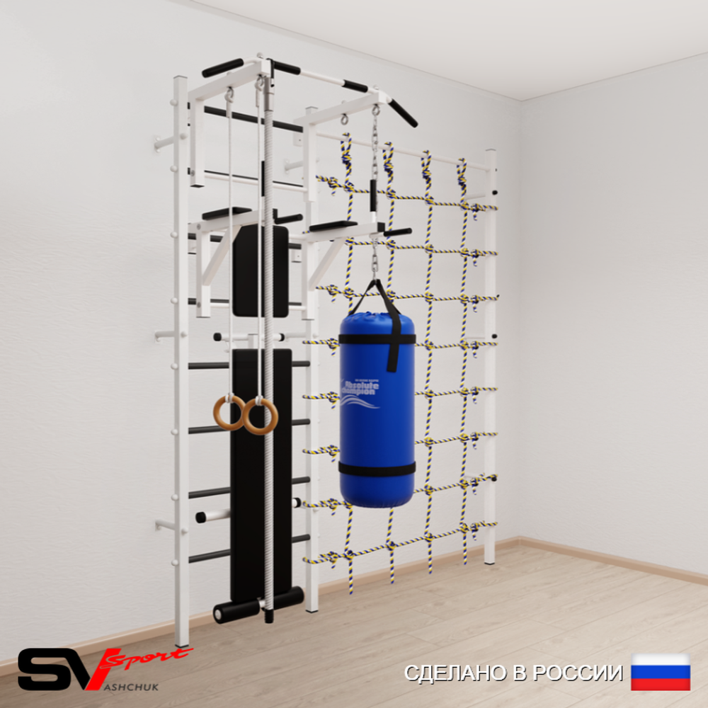 Шведская стенка Sv Sport 58410 (Турник стандарт/Брусья/Скамья/Канат/Кольца/Цепь/Мешок 15кг/Канатный лаз)