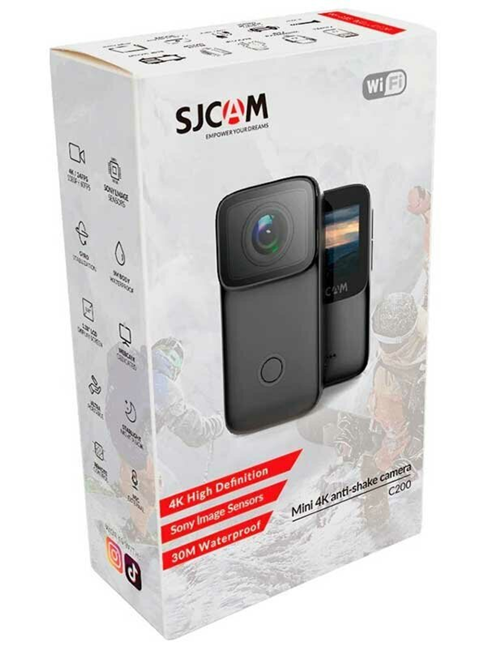 Экшн камера SJCam C200 черная с креплением, цифровым стабилизатором, водонепроницаемая 4K Ultra HD на шлем, голову, грудь, велосипед
