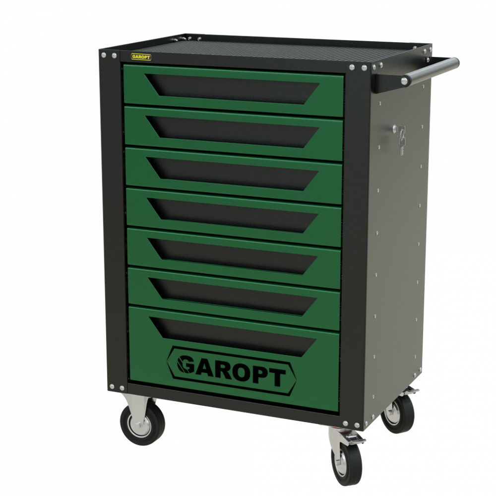 Тележка инструментальная Garopt 7 ящиков ЗЕЛЕНАЯ, центральный замок, увеличенные колеса, доводчики, GAROPT Серия "High", высота 1040мм