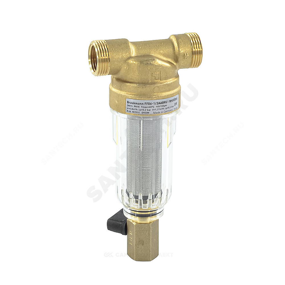 Фильтр сетчатый T-образный латунь Ду 20 Ру16 Тмакс=40 oC G3/4" НР FF06 с краном Honeywell-Braukmann FF06-3/4"AA