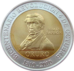 Боливия жетон медаль 2010 Оруро Война за независимость Томас Баррон 1810 СЕРЕБРО