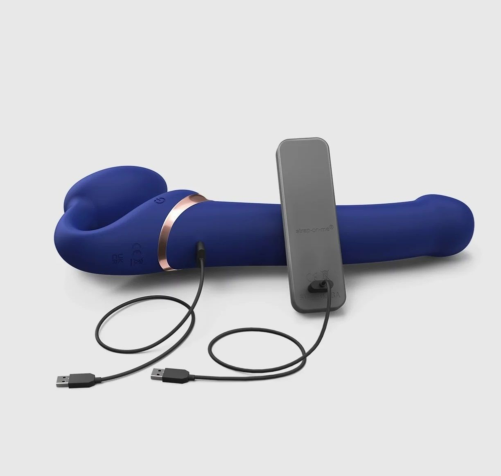 Синий безремневой страпон Multi Orgasm Bendable Strap-On size XL с клиторальной стимуляцией (Цвет: синий)