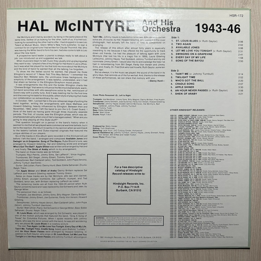 Hal McIntyre And His Orchestra - The Uncollected Hal McIntyre And His Orchestra 1943-1946 (США 1981г.)