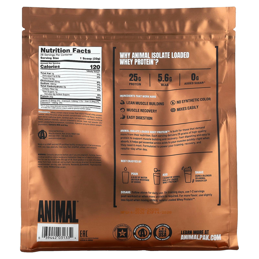 Animal, Изолят, порошок сывороточного протеина, клубника, 907 г (2 фунта)