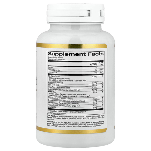 California Gold Nutrition, улучшенная добавка для поддержки печени, с экстрактом расторопши, L-глутатионом, альфа-липоевой кислотой и экстрактом виноградных косточек, 90 вегетарианских капсул