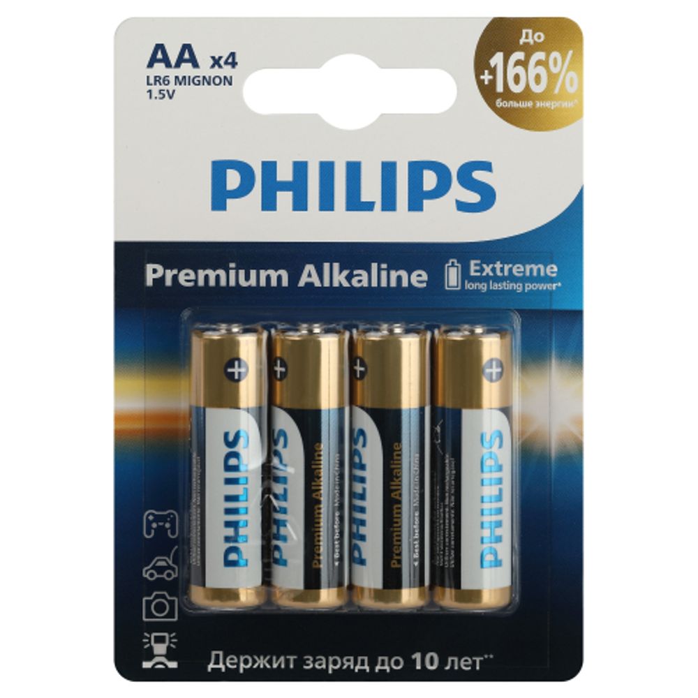 Батарейки Philips LR6M4B/51 АА алкалиновые 1,5v 4 шт. LR6-4BL Premium (4/48/144/17280) | Батарейки Щелочные (Алкалиновые)