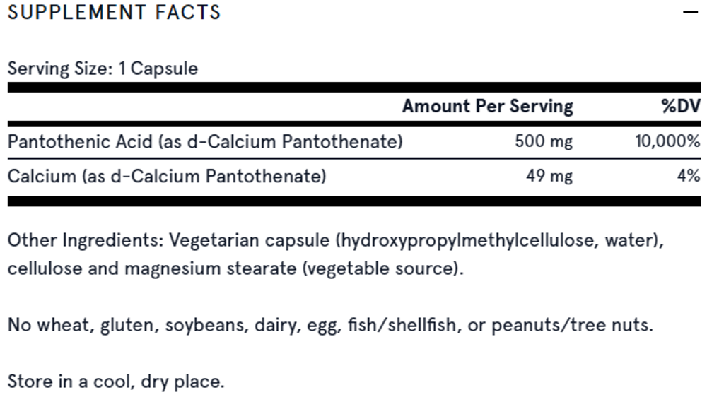 Pantothenic Acid 500 мг 100 капсул Jarrow Formulas