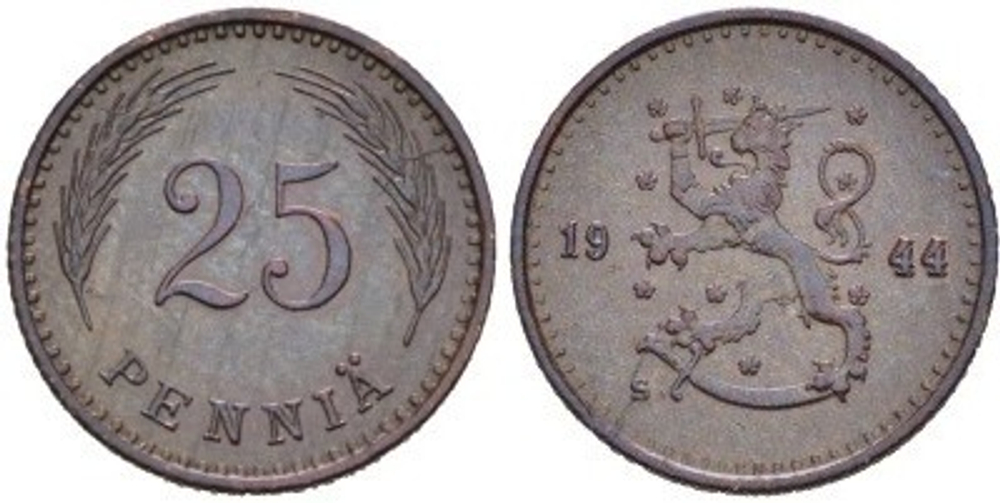 Финляндия 25 пенни, 1944 Герб XF