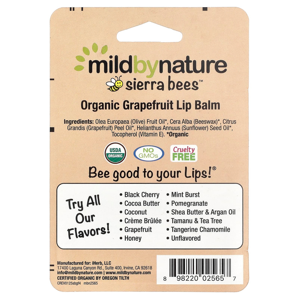 Mild By Nature, Sierra Bees™, органические бальзамы для губ, с ароматом грейпфрута, 4 шт. в упаковке, 4,25 г (0,15 унции)