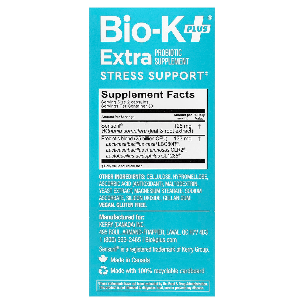 Bio-K+, дополнительная добавка с пробиотиком, для борьбы со стрессом с Sensoril®, 60 капсул