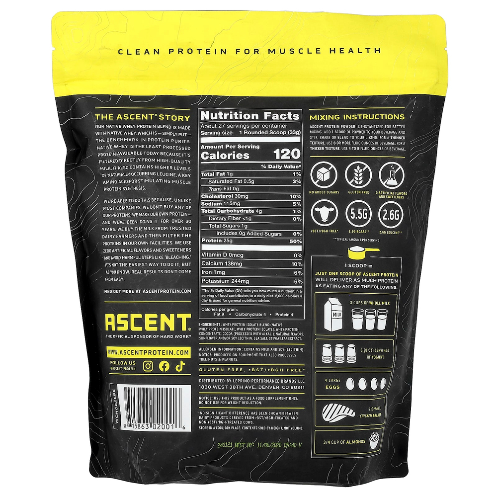 Ascent, Native Whey Protein Blend, Chocolate, 2 lb (907 g)