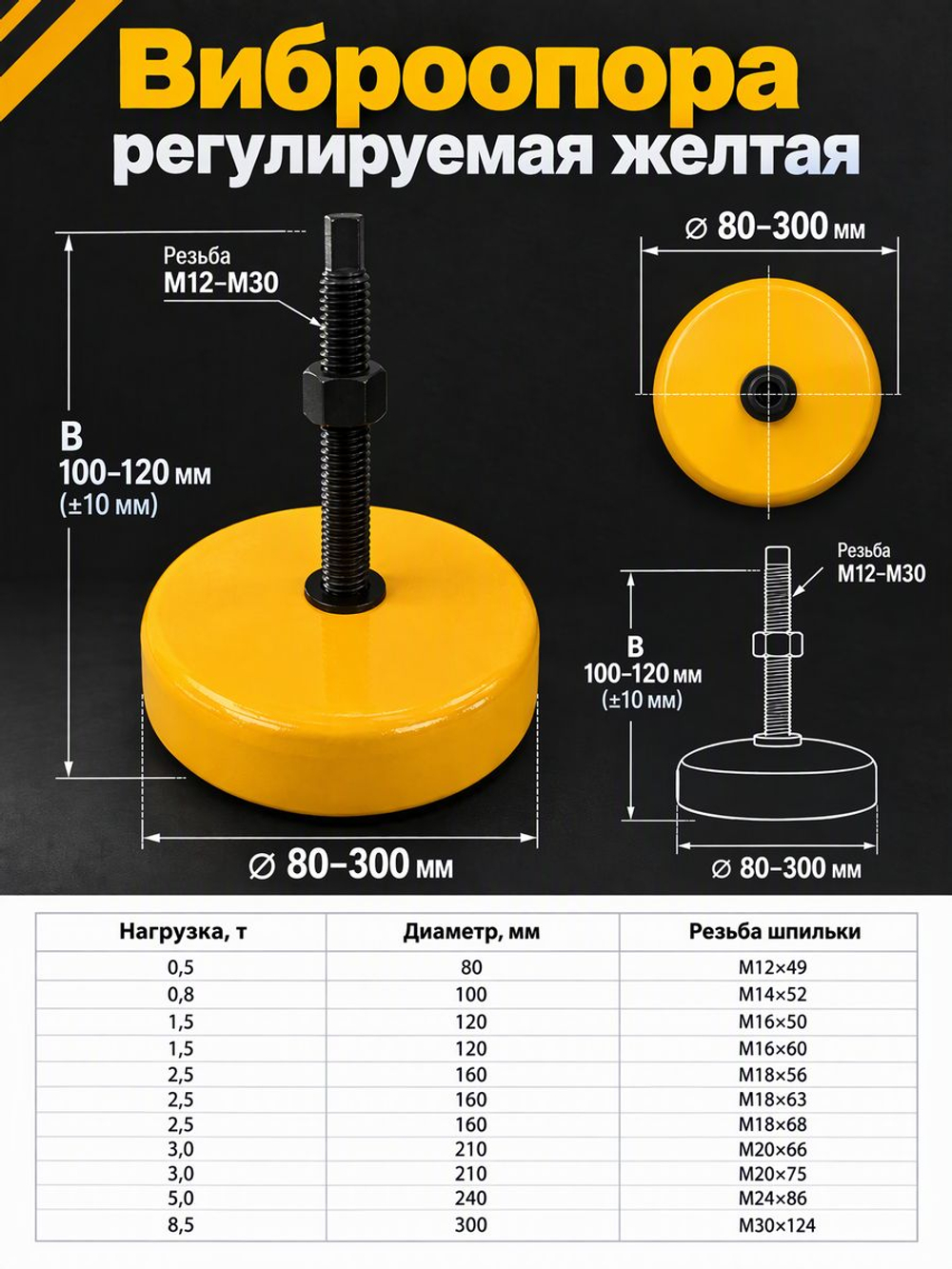 Виброопора регулируемая 5,0т d240мм М24х86 желтая (S78-7)