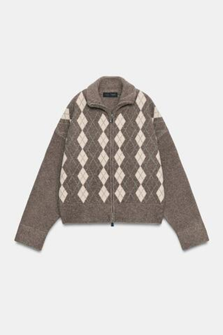ZARA КАРДИГАН С УЗОРОМ «РОМБЫ», СЕРО-КОРИЧНЕВЫЙ МЕЛАНЖ