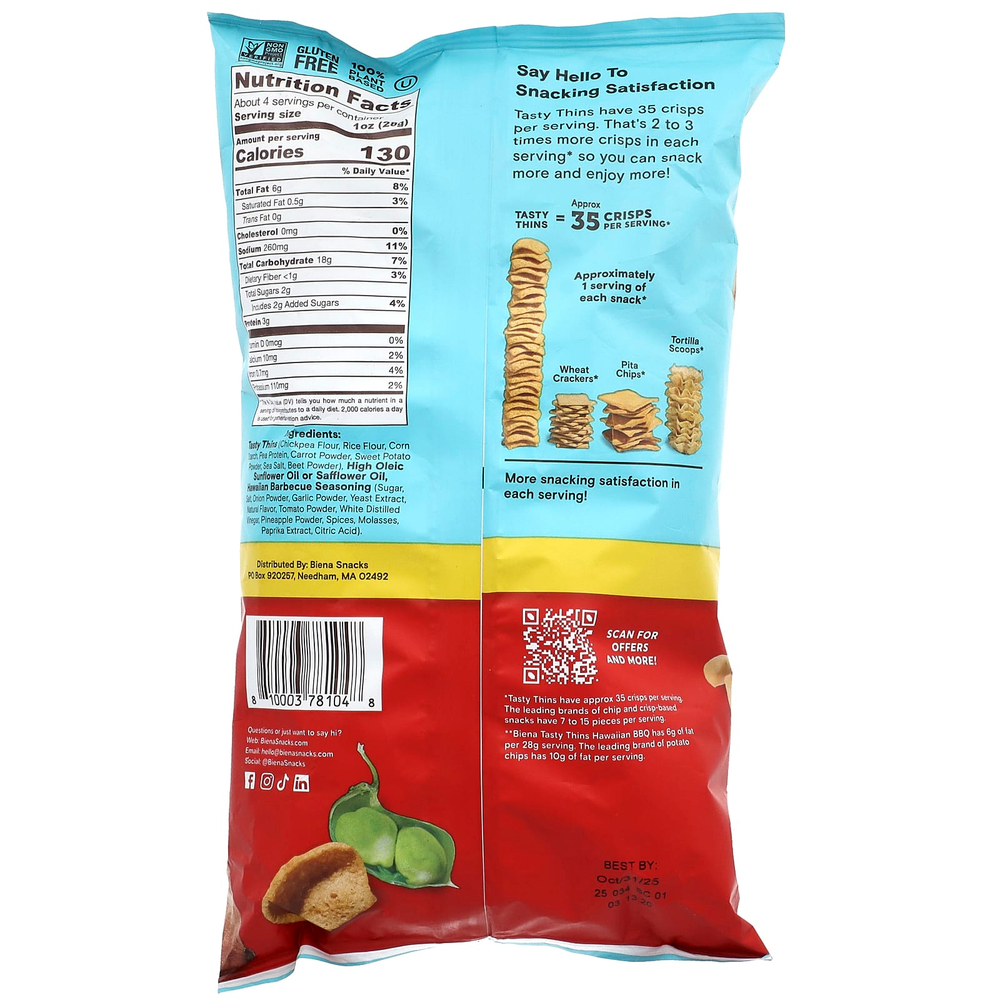 BIENA, Tasty Thins™, овощные хрустящие чипсы, гавайский барбекю, 113 г (4 унции)