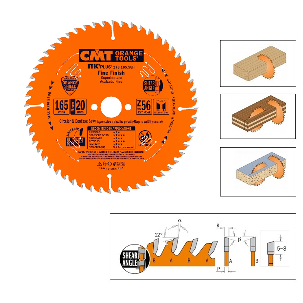 Пильный диск с тонким пропилом CMT 165 x 20 (15,87) x 1.6 / 1.0 Z=56 ATB + SHEAR Z=56 поперечное пиление 273.165.56H