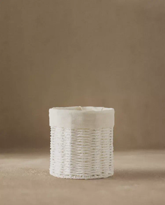 ZARA HOME КРУГЛАЯ КОРЗИНА С ПОДКЛАДКОЙ ИЗО ЛЬНА, БЕЛЫЙ