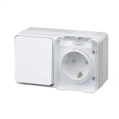 ATLASDESIGN PROFI IP54 О/У БЛОК: РОЗЕТКА с заземл. со шт., 16А, ВЫКЛЮЧАТЕЛЬ 1-клав., 10АХ, БЕЛЫЙ
