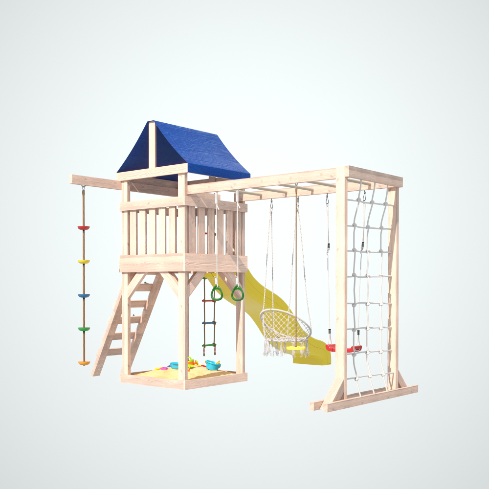 Детская площадка неокрашенная Fun Land с модулем сетка-рукоход, подвесным креслом и качелями