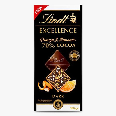 темный шоколад Lindt Excellence Апельсин и Миндаль 70% , 100 г (Из Финляндии)