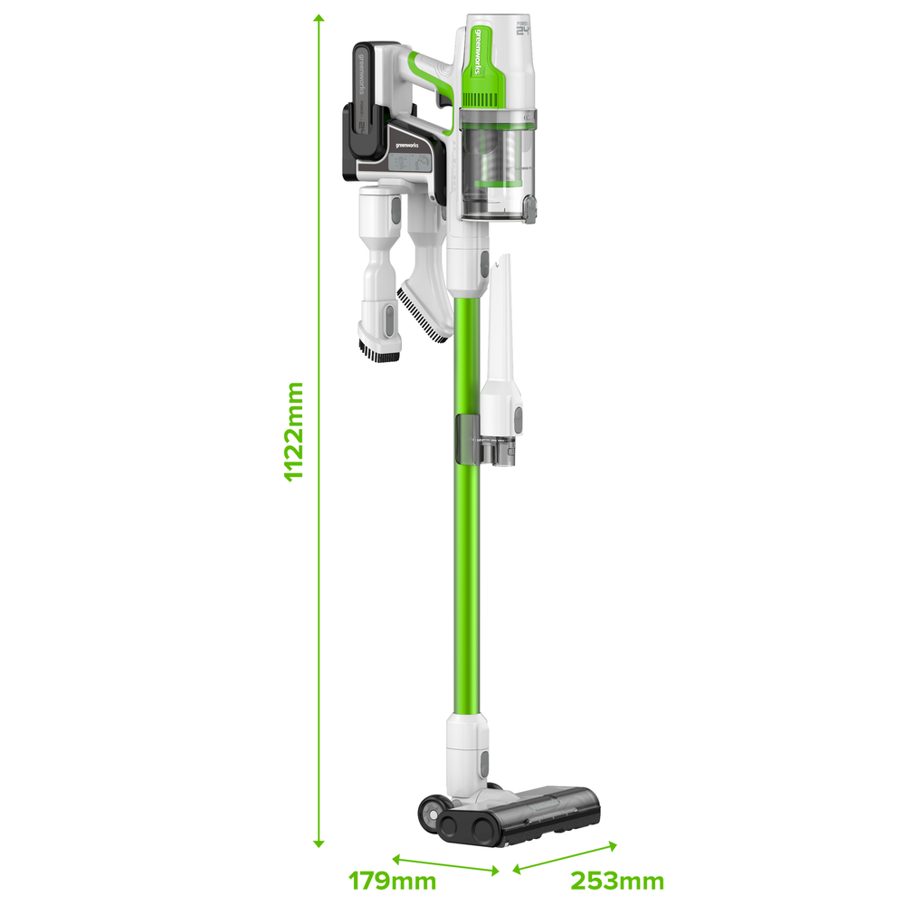 Пылесос вертикальный акк. Greenworks SV24532, 24V, б/щет, 350 Вт, 21 кПа, электрощетка, 3 насадки, LED, белый+зеленый, 1х4Ач и ЗУ (4702007UB)