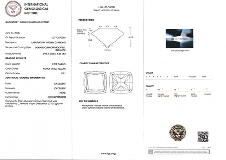Лабораторно-выращенный бриллиант кушон 6.92 х 6.88 х 4.69 мм FancyVIVID YELLOW/VS1 2.13 ct