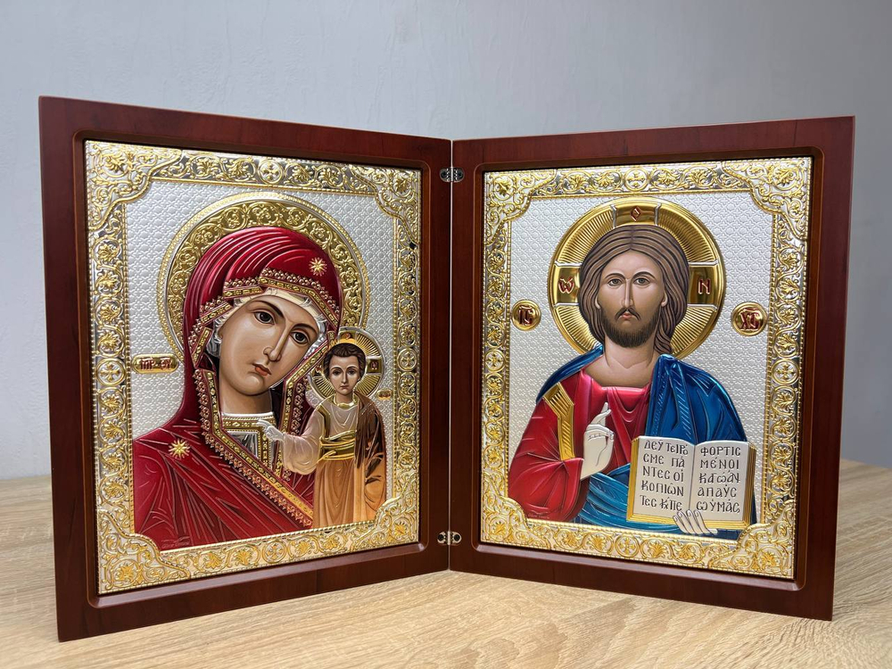 Складень, Казанская БМ, Спаситель, икона прямоугольная, красное дерево, эмаль 260x420