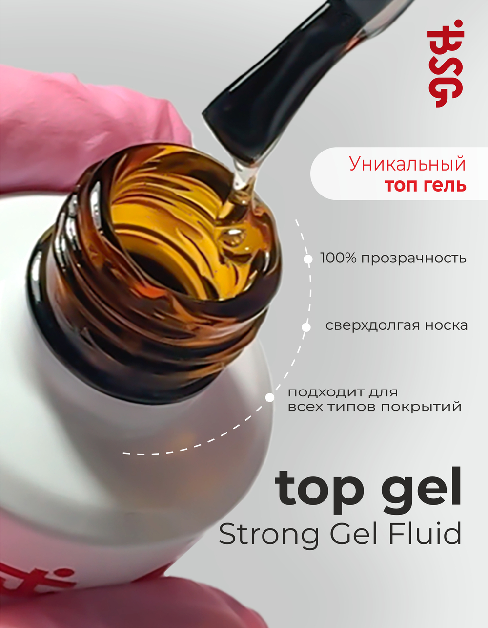 BSG Завершающий топ для ногтей Strong No UV глянцевый, БЕЗ УФ-фильтра, без липкого слоя (20 мл)