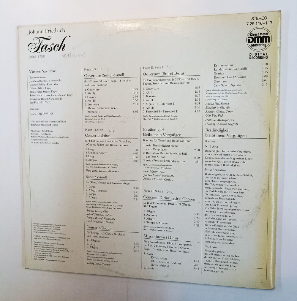 Винтажная виниловая пластинка LP Johann Friedrich Fasch Virtuosi Saxoniae, Ludwig Guttler Johann Friedrich Fasch 2 LP(GDR 1988)