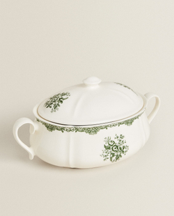 ZARA HOME СЕРВИРОВОЧНАЯ СУПНИЦА ИЗ ФАЯНСА С ЦВЕТОЧНЫМ УЗОРОМ, ОЛИВКОВЫЙ
