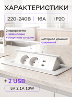 Горизонтальная двойная розетка + 2 USB, белая