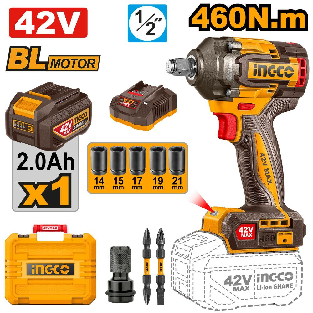 Аккумуляторный бесщёточный ударный гайковёрт INGCO CIWLI42461 INDUSTRIAL 42 В 1/2" 460 Нм