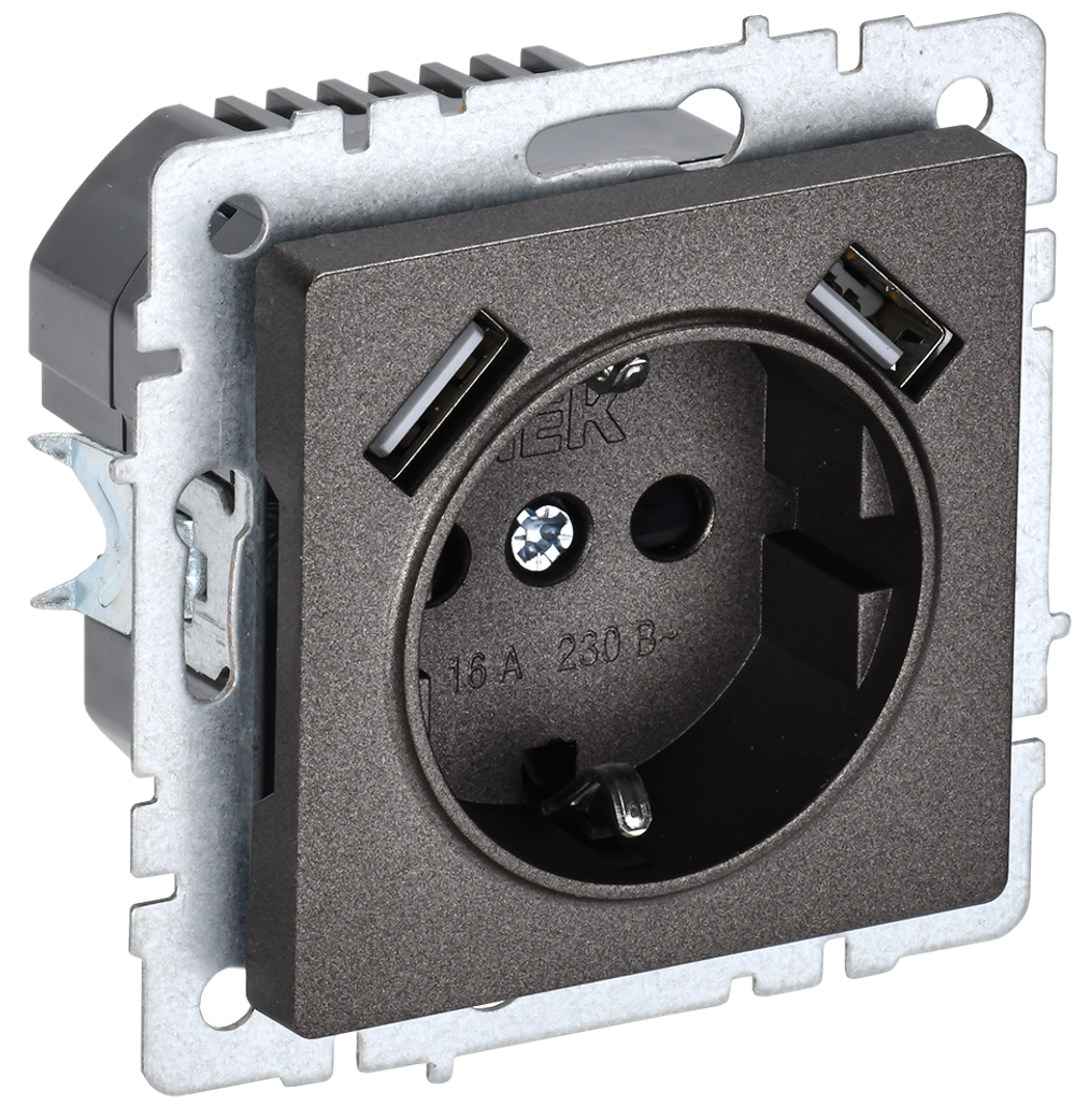BRITE Розетка 1-местная с заземлением с защитными шторками 16А с USB A+A 5В 2,1А РЮш10-1-БрТБ темная бронза IEK