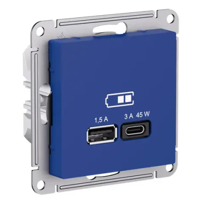 ATLASDESIGN USB РОЗЕТКА A + тип-C 45Вт высокоскор.заряд. QC, PD, механизм, АКВАМАРИН