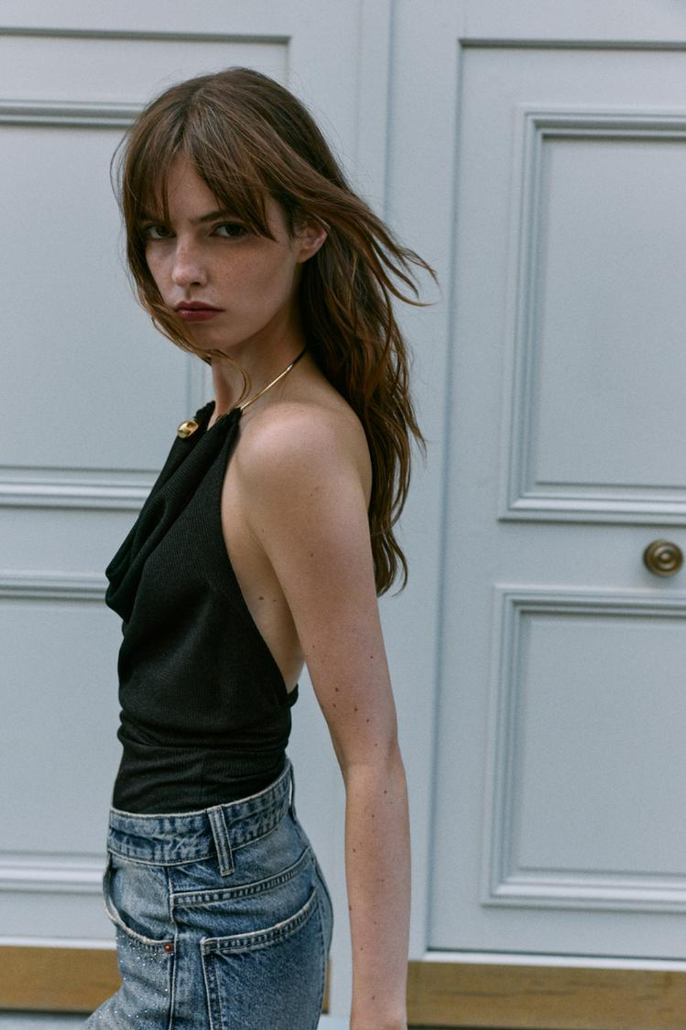 ZARA ТОП С МЕТАЛЛИЧЕСКИМ ЧОКЕРОМ, ЧЕРНЫЙ
