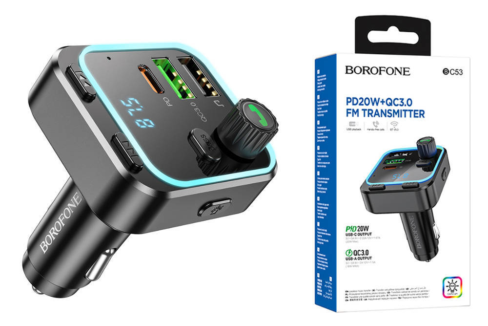 FM модулятор (трансмиттер) автомобильный BOROFONE BC53 PD20W+ QC3.0 BT/USB/SD/FM, черный
