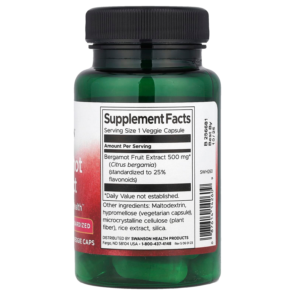 Swanson Vitamins, Экстракт бергамота, 500 мг, 30 вегетарианских капсул