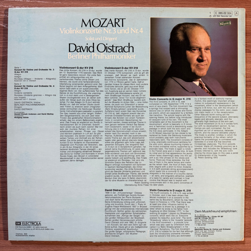 Моцарт, Давид Ойстрах - Скрипичные концерты №3 и № 4 (Германия 1972г.)