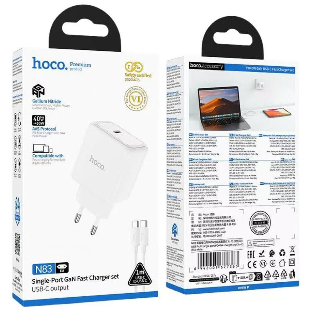Сетевое зар. устр. Hoco N83 GaN с шнуром Type-C на Type-C 1C 60W белое