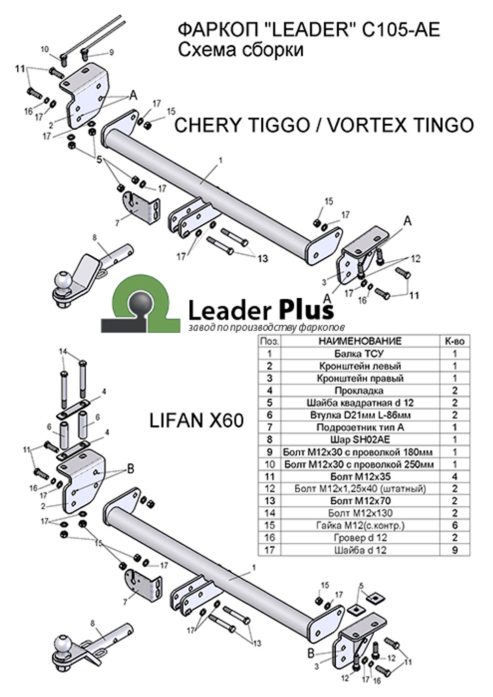 ТСУ для CHERY TIGGO (T11),  (FL) 2005-... / ТАГАЗ VORTEX TINGO(FL) 2008-... / LIFAN X60 2011-...C105-AE