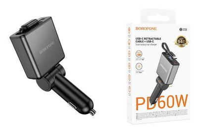 Автомобильное зарядное устройство Borofone BZ33, 2 Type-C, PD 60W, с выдвижным кабелем Type-C, Черное