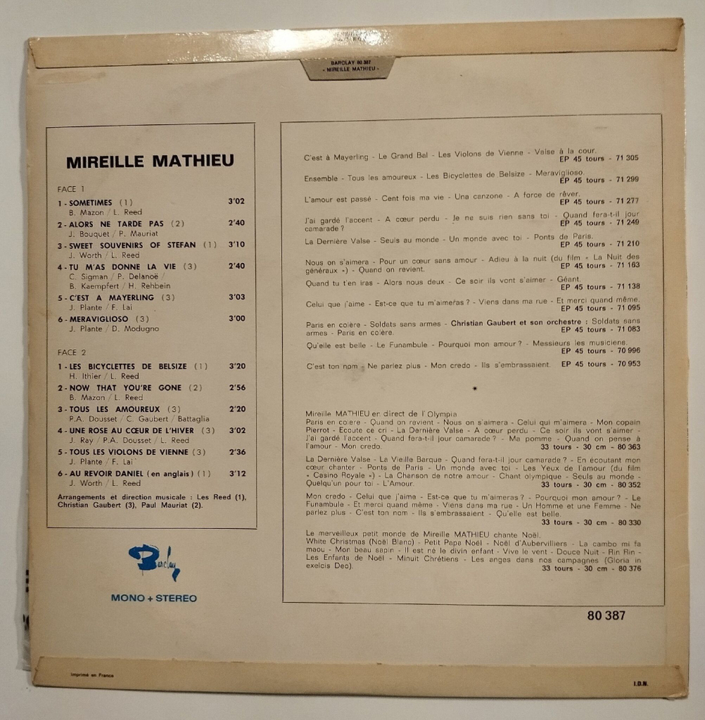 Винтажная виниловая пластинка LP Sweet Souvenirs Of Mireille Mathieu (France 1968)