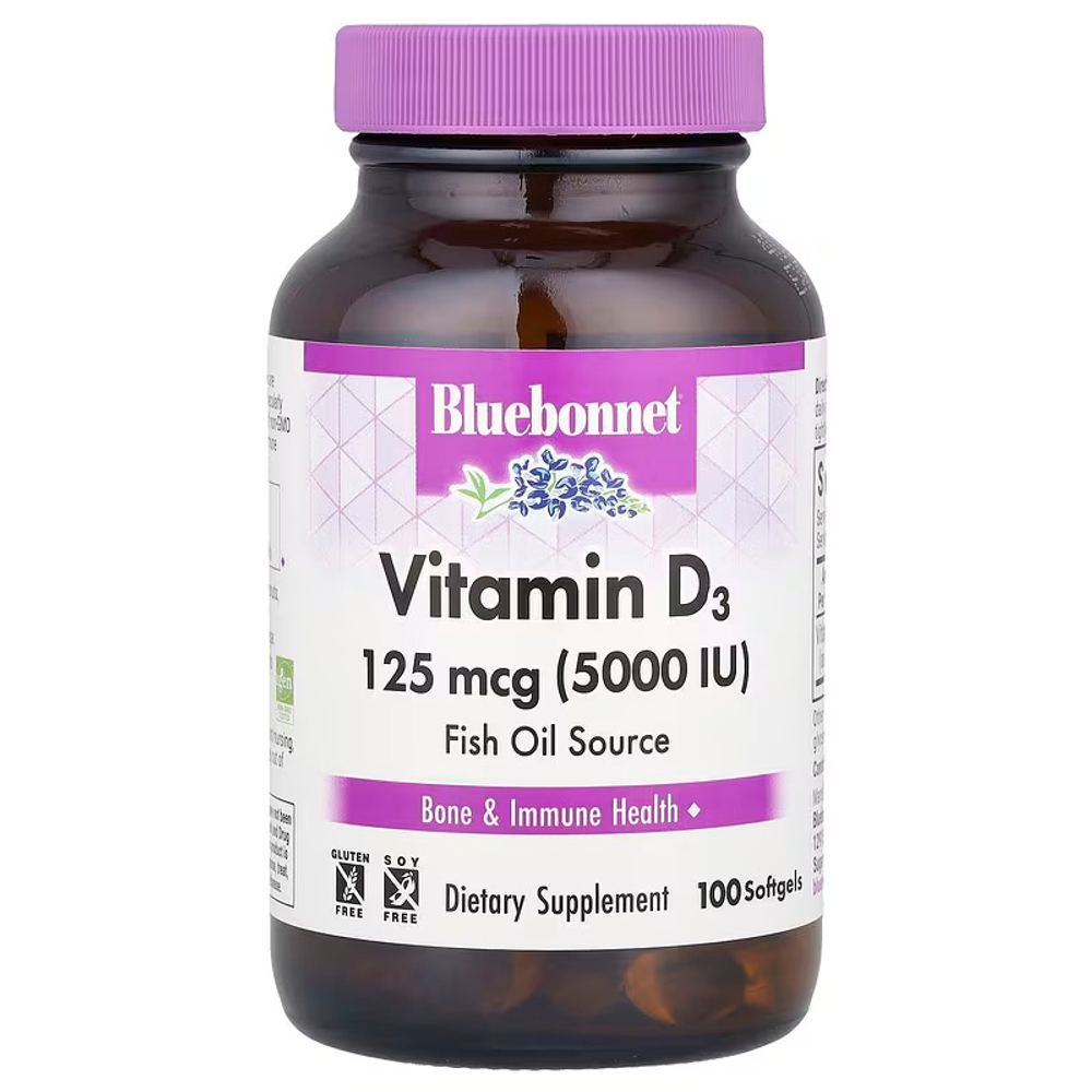 Bluebonnet Nutrition, витамин D3, 125 мкг (5000 МЕ), 100 мягких таблеток