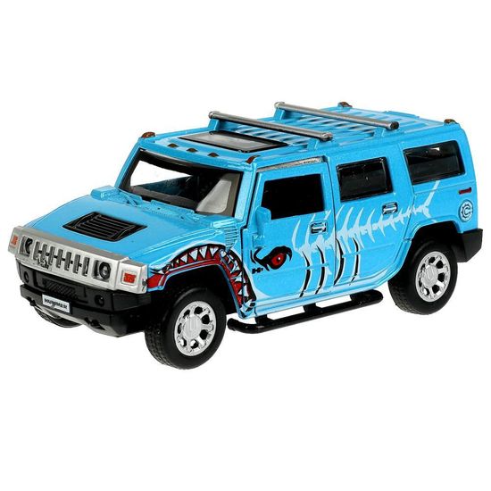 Машина металл HUMMER H2 ХИЩНИКИ 12 см, двери, багаж, инерц, голубой, кор. Технопарк