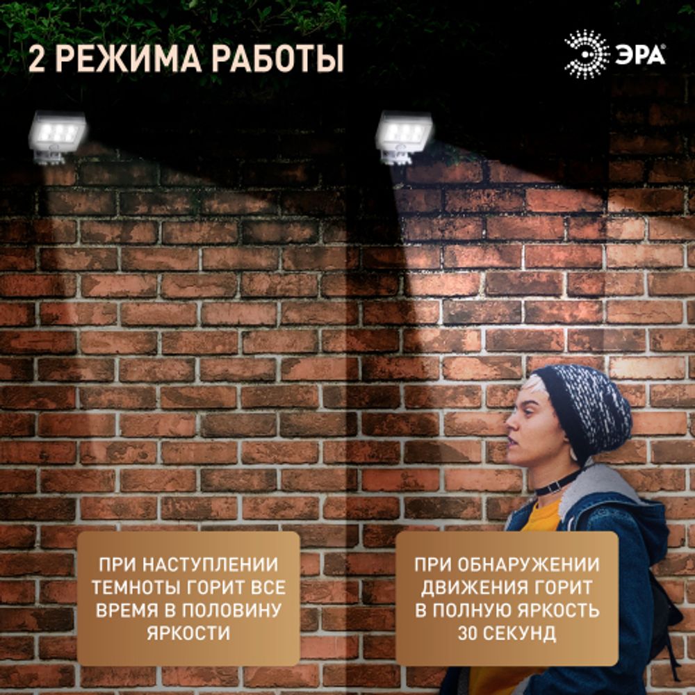 Светильник уличный ЭРА ERAFS048-08 настенный прожектор с датчиком движения, на солнечной батарее, 6LED, 150 lm | Садовые фасадные светильники