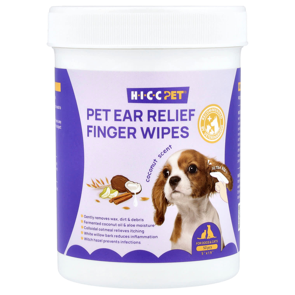 HICC Pet, салфетки для снятия ушей, для собак и кошек, кокос, 50 шт.