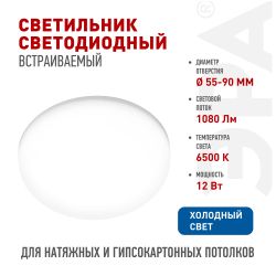 Светильник светодиодный встраиваемый ЭРА DFL-111-R-12-6K круглый 12Вт 6500К | Downlight