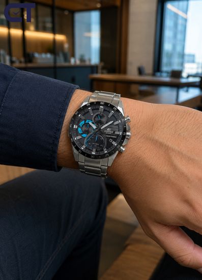 CASIO EQS-940DB-1BVUDF EDIFICE мужские наручные часы — солнечный хронограф с выразительным чёрным циферблатом