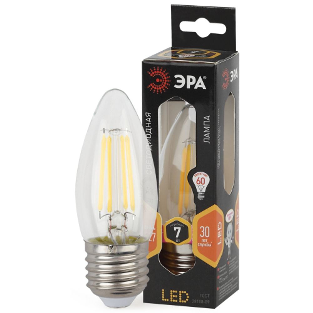 Лампа светодиодная ЭРА F-LED B35-7W-827-E27 7Вт филамент свеча теплый белый свет Е27 | Филаментные декоративные