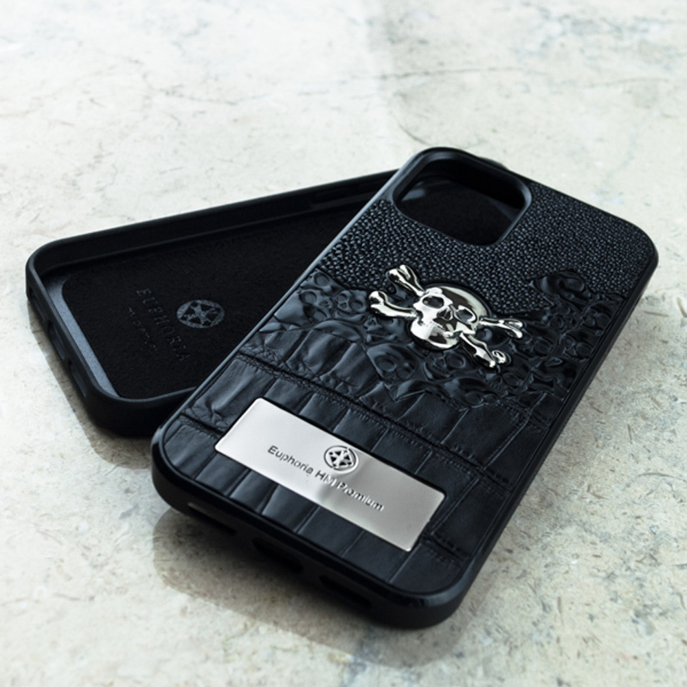 Euphoria HM Crossbones Skull Stingray LUX — объёмный череп ювелирный сплав, обсидиан рельефный, кожа крокодила и ската