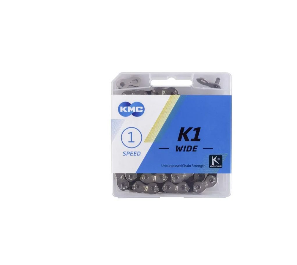 Цепь KMC K1-W для BMX, Dirt, Fixed, 1/2"х1/8", 110 звеньев, пин 9.3мм, с замком, серебристая